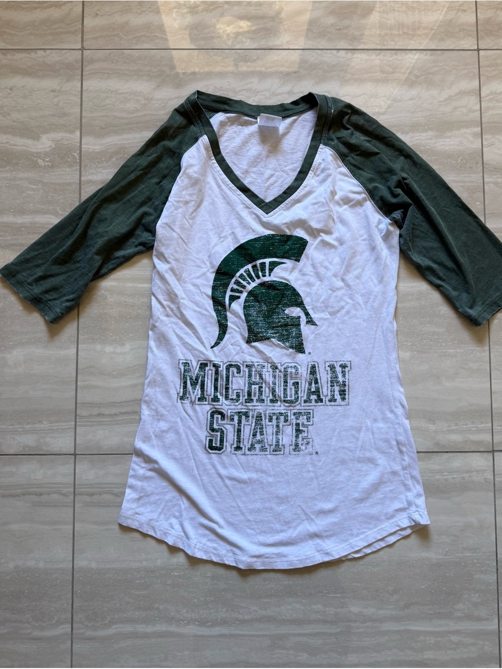 MSU 2-Michigan State White and Green Raglan Jersey small tshirt medium gray